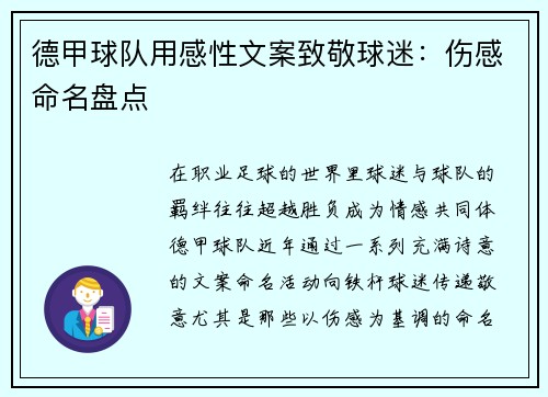德甲球队用感性文案致敬球迷：伤感命名盘点