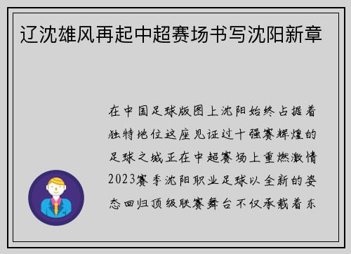 辽沈雄风再起中超赛场书写沈阳新章